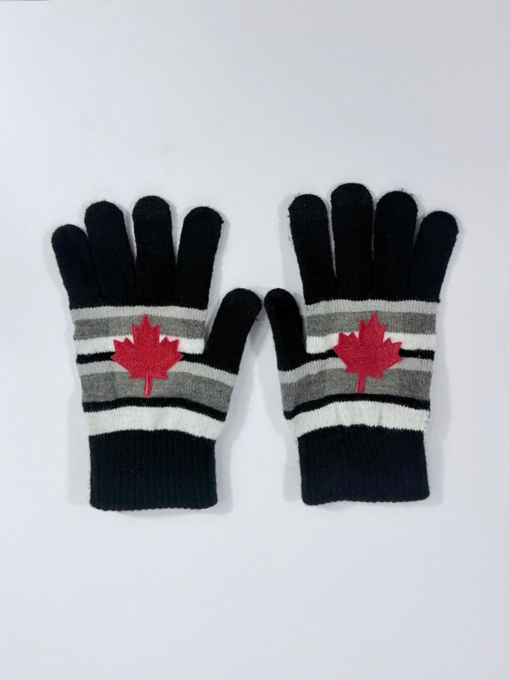 Canada Maple Leaf Knit Winter Gloves With Stripes – Black Gray & White Design Ad